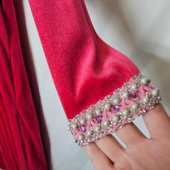 Vintage Neusteters Pink Velour Evening Maxi Gown Pearl Rhinestone Embellishments - Picture 9 of 16